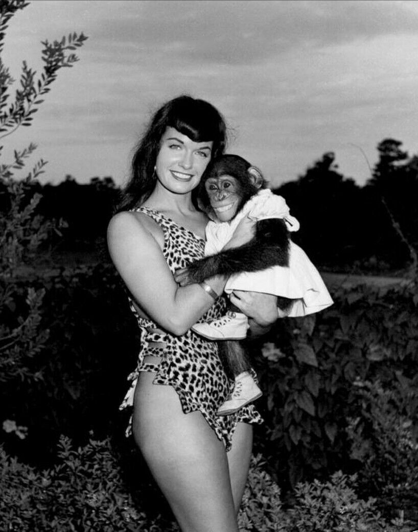 Bettie Page With Chimpanzee B/W 8x10 Glossy Photo