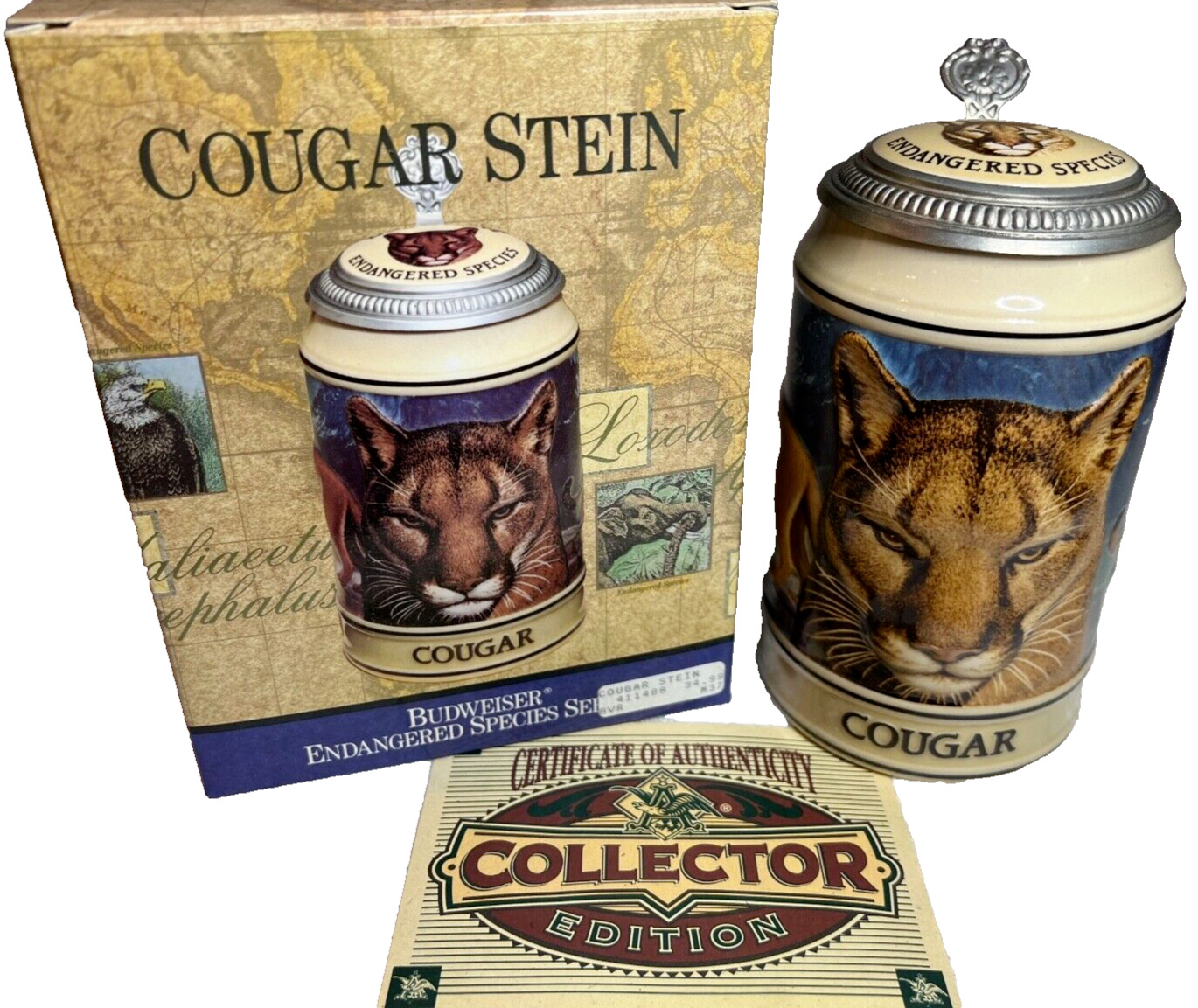 1995 Budweiser Endangered Species Series COUGAR Lidded Stein CS253 - BOX & COA