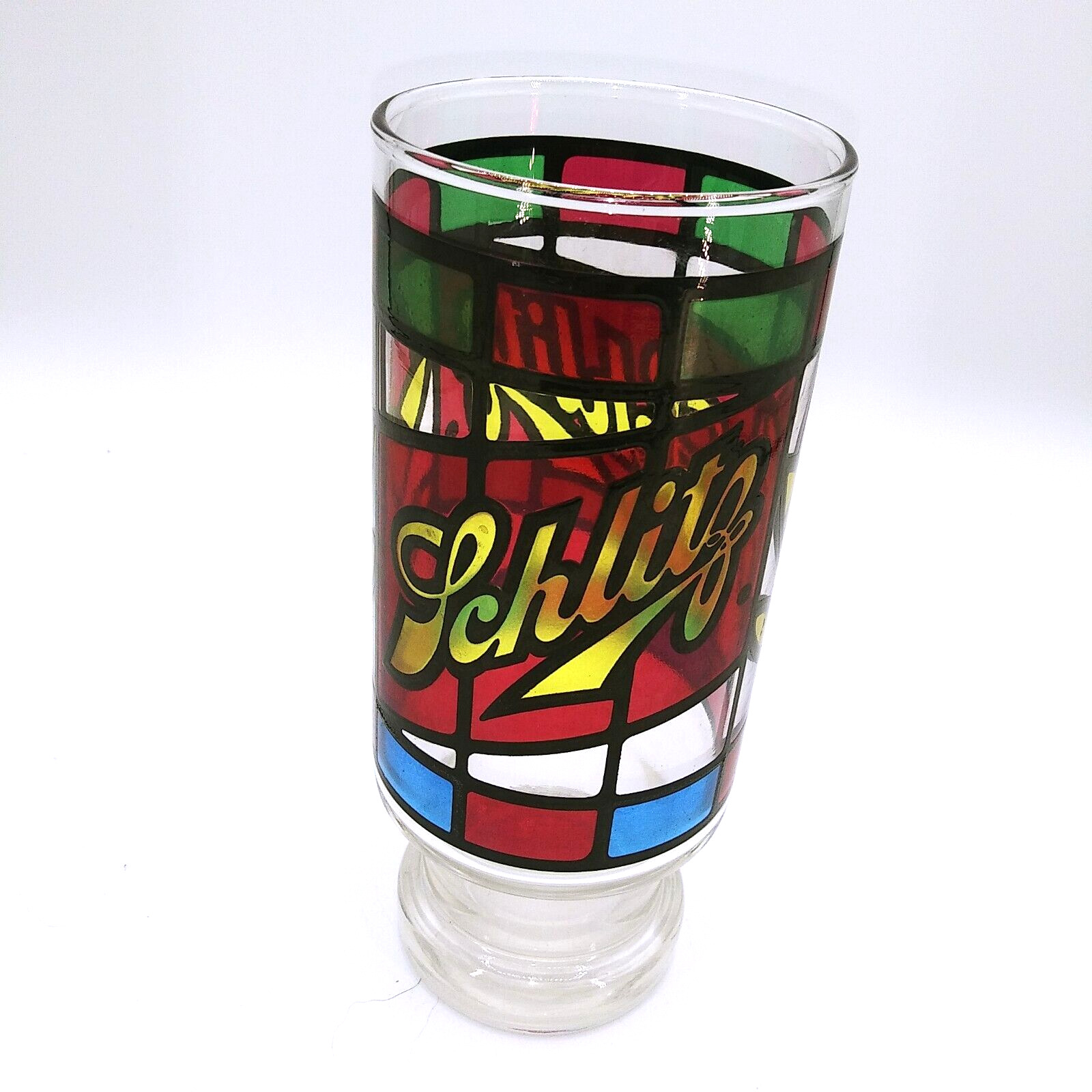 Vintage 1970s Schlitz Stain Glass look 14 oz beer Glass multi colored