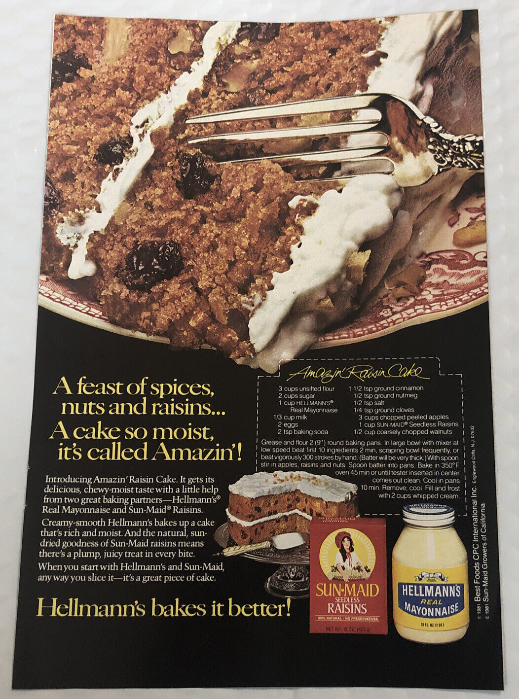 Vintage 1981 Hellmann’s Mayonnaise Original Full Page Print Ad - Bakes It Better