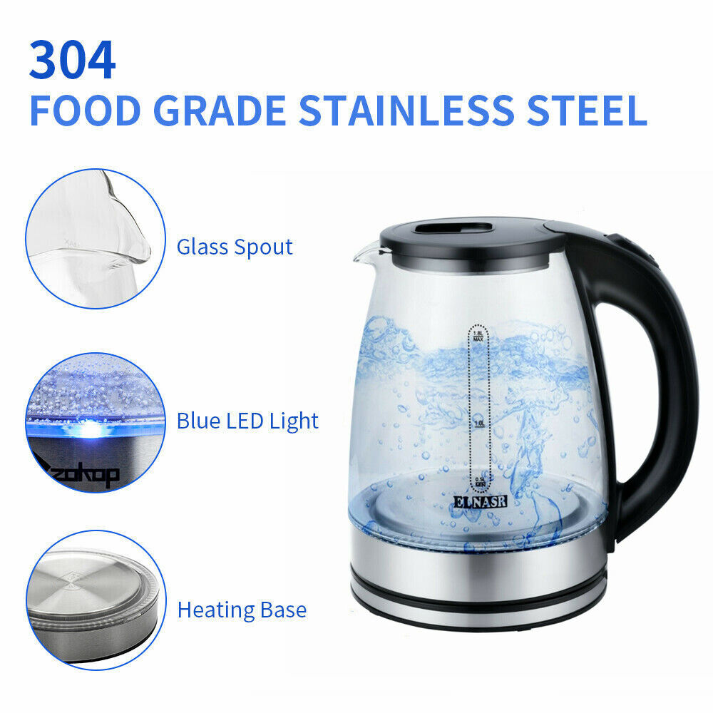 Glass Electric Tea Kettle Blue LED Light Fast Water Boiling BPA-Free US