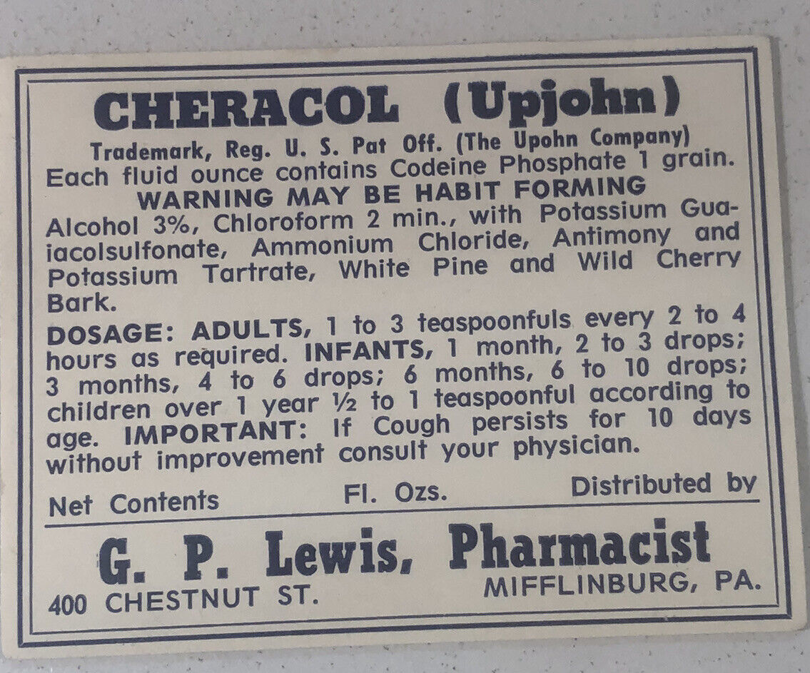 NOS Apothecary Drugstore Medicine Bottle Label Cheracol With Codeine Vintage
