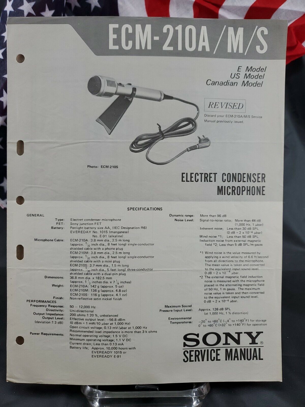Original Sony Service Manual 1978 Electret Condenser Microphone ECM-210A/M/S