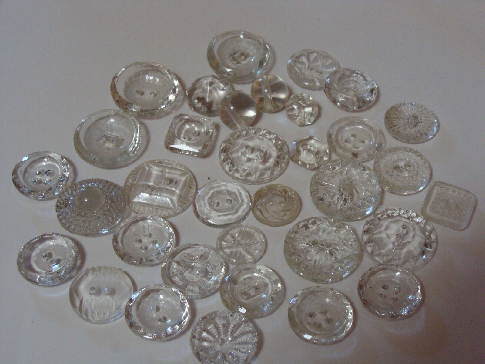 Antique Vtg Clear Crystal Depression Glass Buttons Patterns Assorted Lot of 40+ 