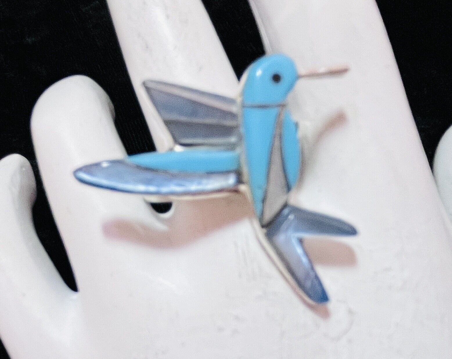 Navajo Sterling Turquoise And Abalone Hummingbird Ring #886