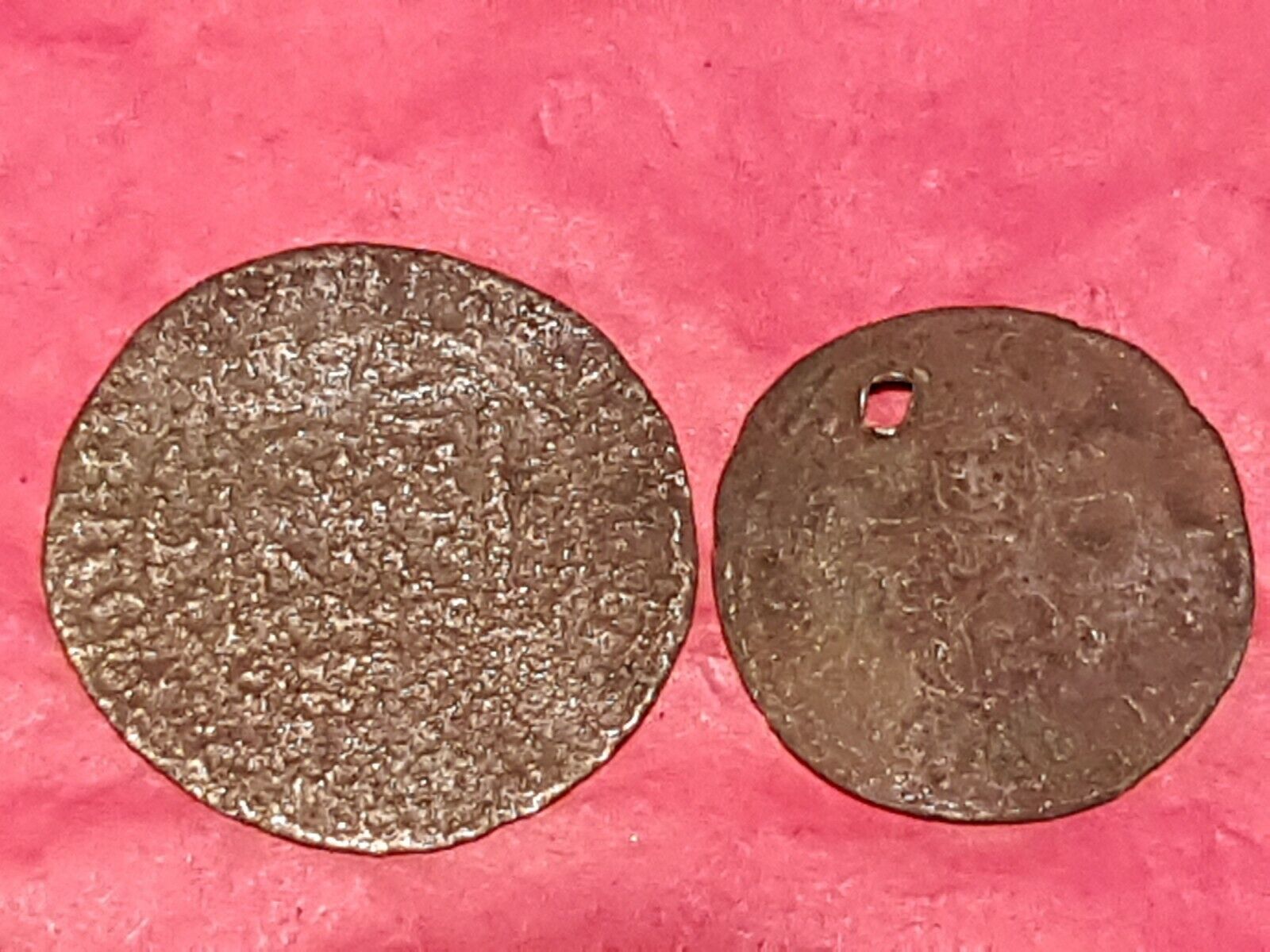 Two very worn unresearched copper alloy jettons. Please read description. L147j