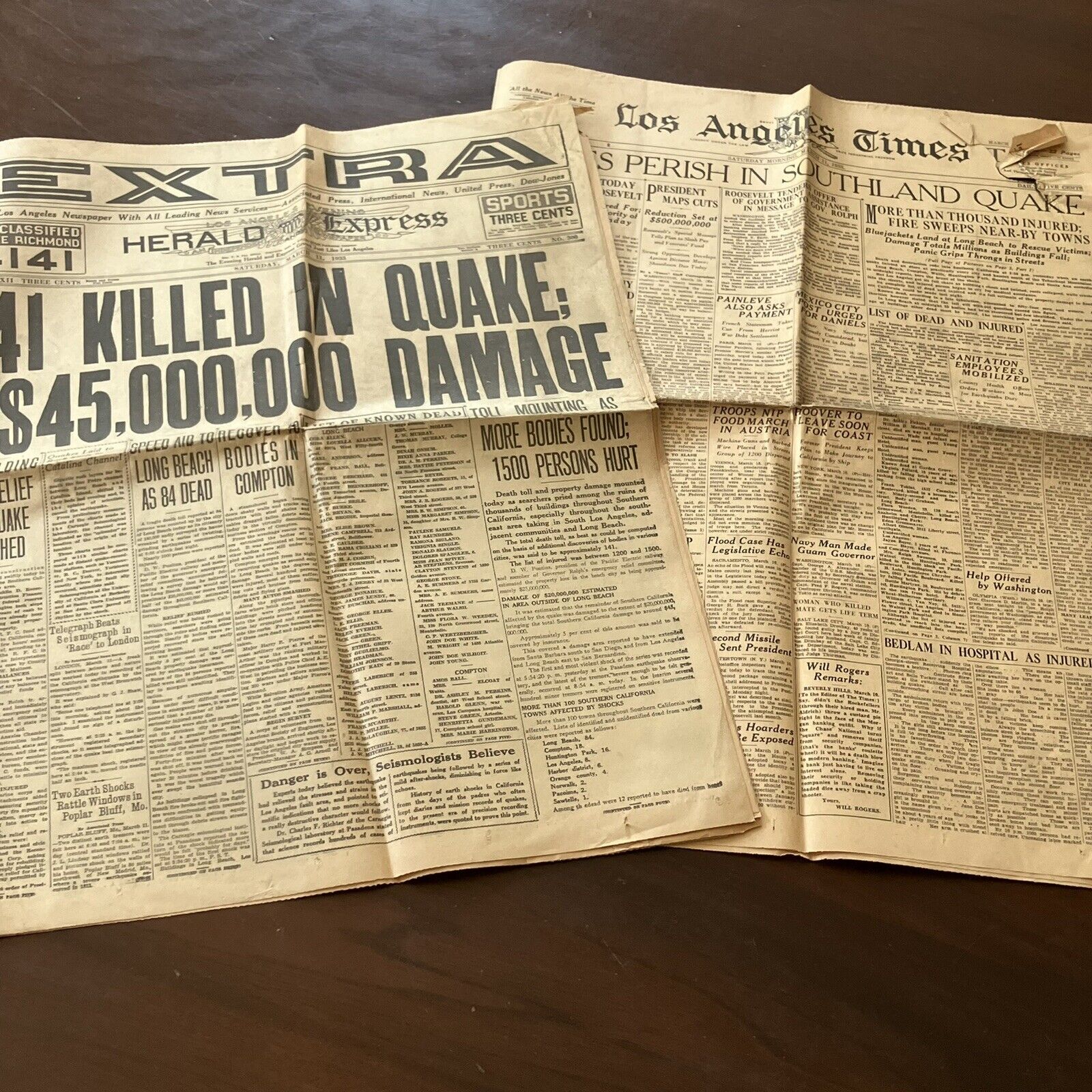 Lot Of 2 VTG March 11th 1933 Long Beach earthquake newspapers Scarce LA Times HE