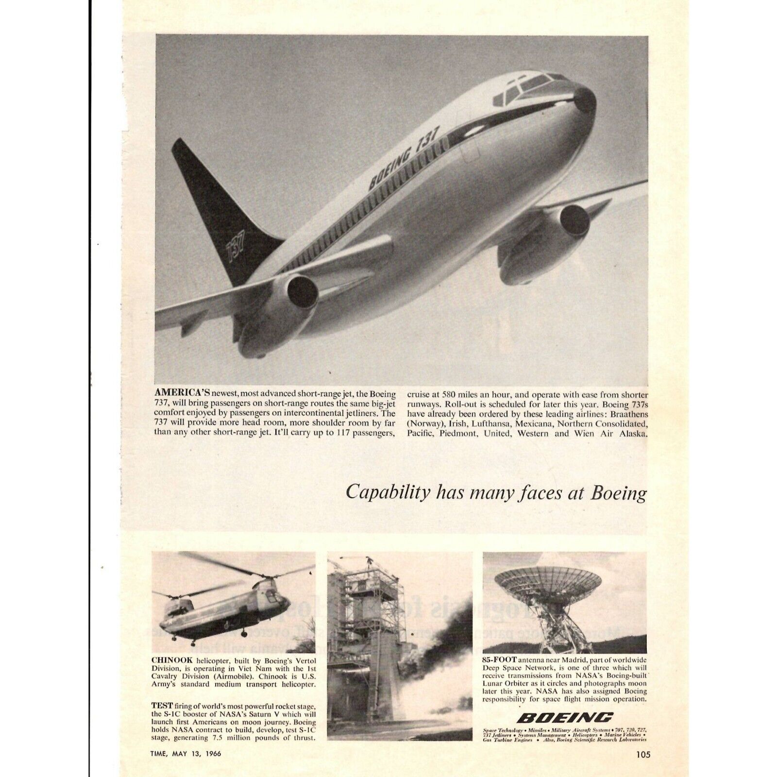 Boeing 1966 Advertising Print Ad Boeing 737 Chinook NASA SaturnV Lunar Orbiter