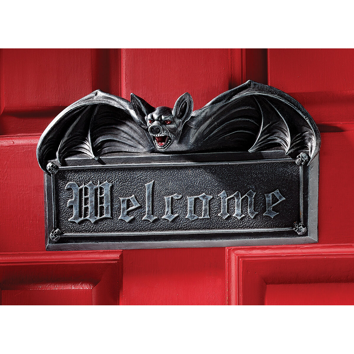 Gothic Goulish Halloween Welcome Ebony Vampire Bat  Wall Door Plaque Sculpture