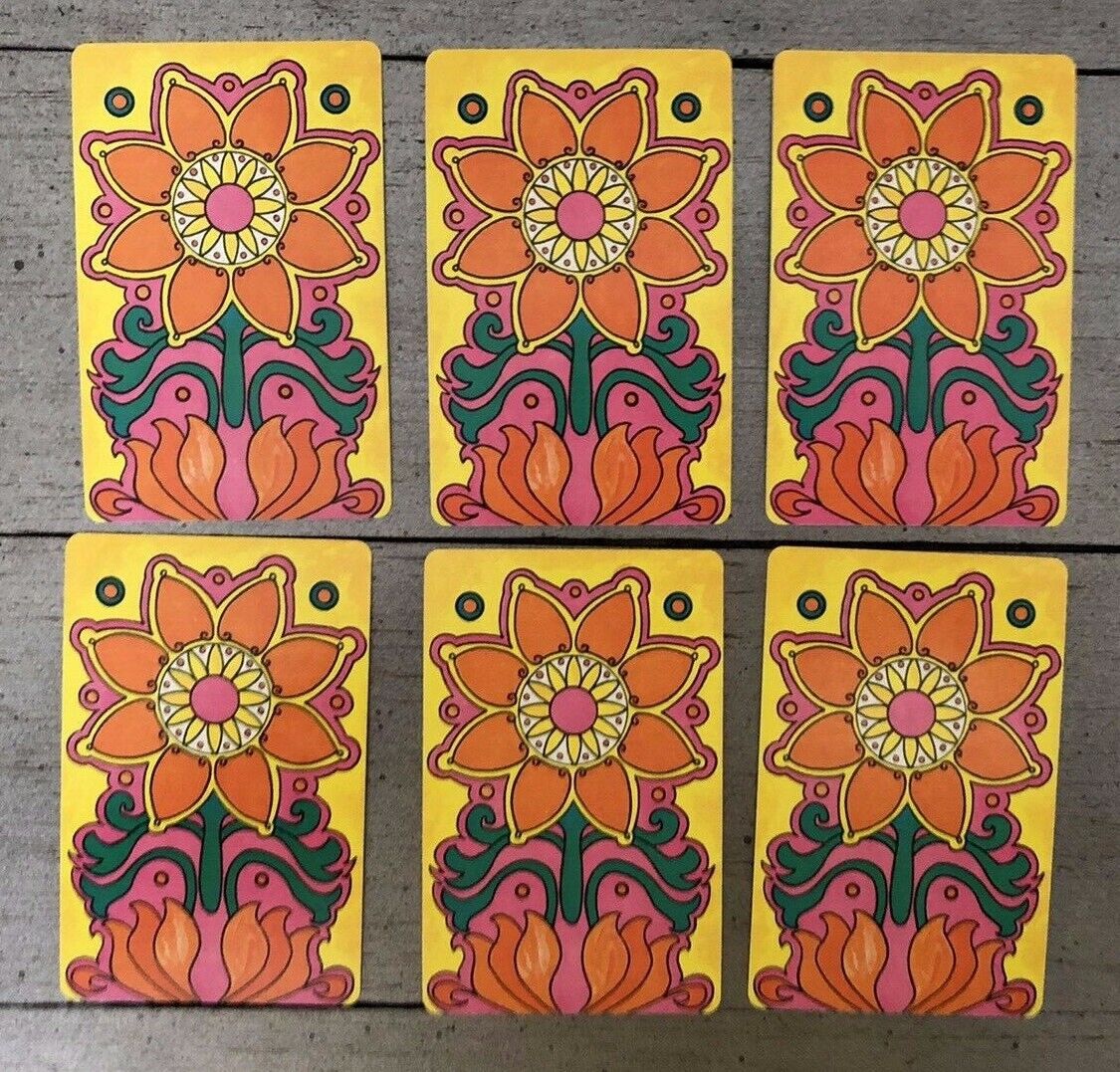 6 Vintage Playing Cards ~ Mod Flower on Yellow ~ Collect/Swap/Craft/Journaling