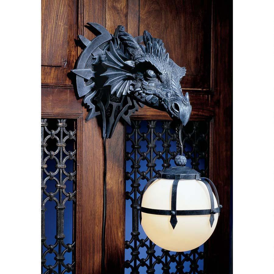 Sculpted Dragon Head Castle Trophy Holding Glass Orb Dramatic Decor Wall Sconce