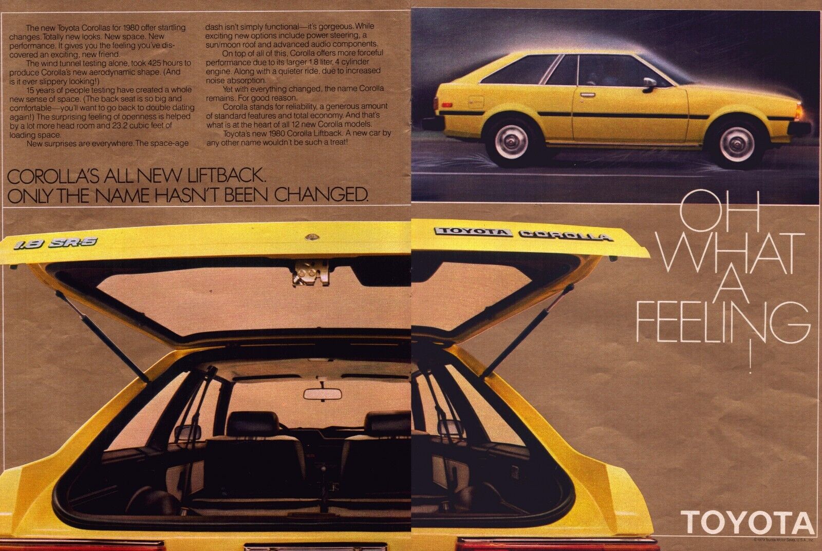 1979 Toyota Corolla TWO PAGE Print Ad Compact Yellow Liftback Oh What A Feeling