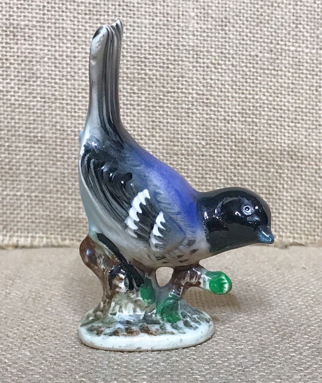 Vintage Grosbeak Blue Black Bird Figurine Glossy Porcelain