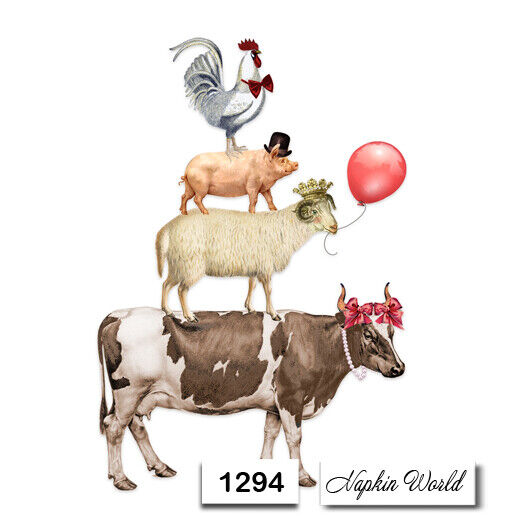 (1294) TWO Individual Paper LUNCHEON Decoupage Napkins - BIRTHDAY FARM ANIMALS