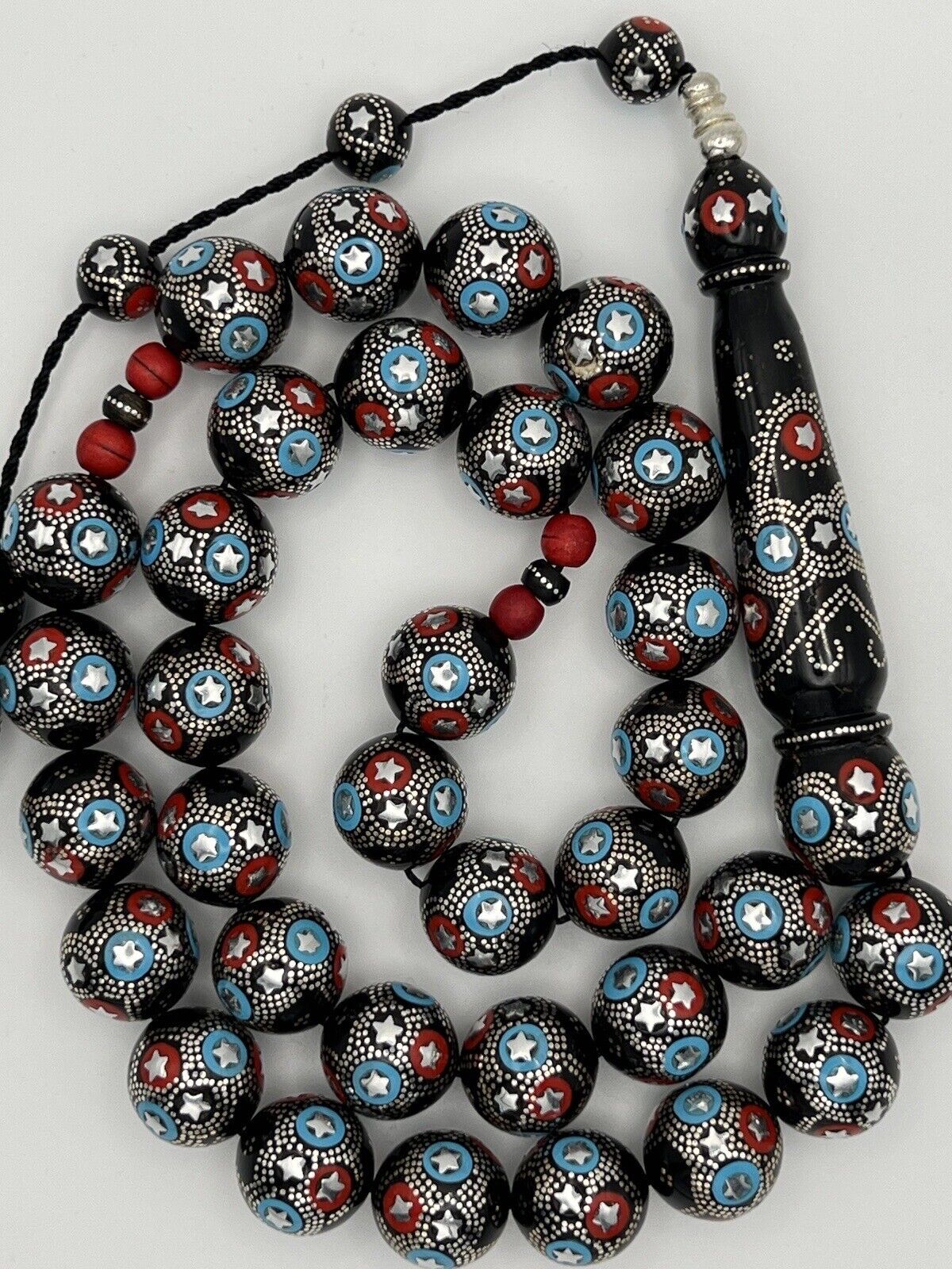 Black Coral Yusr Prayer Beads Inlaid Silver 925 Red Coral And Turquoise سبحة يسر