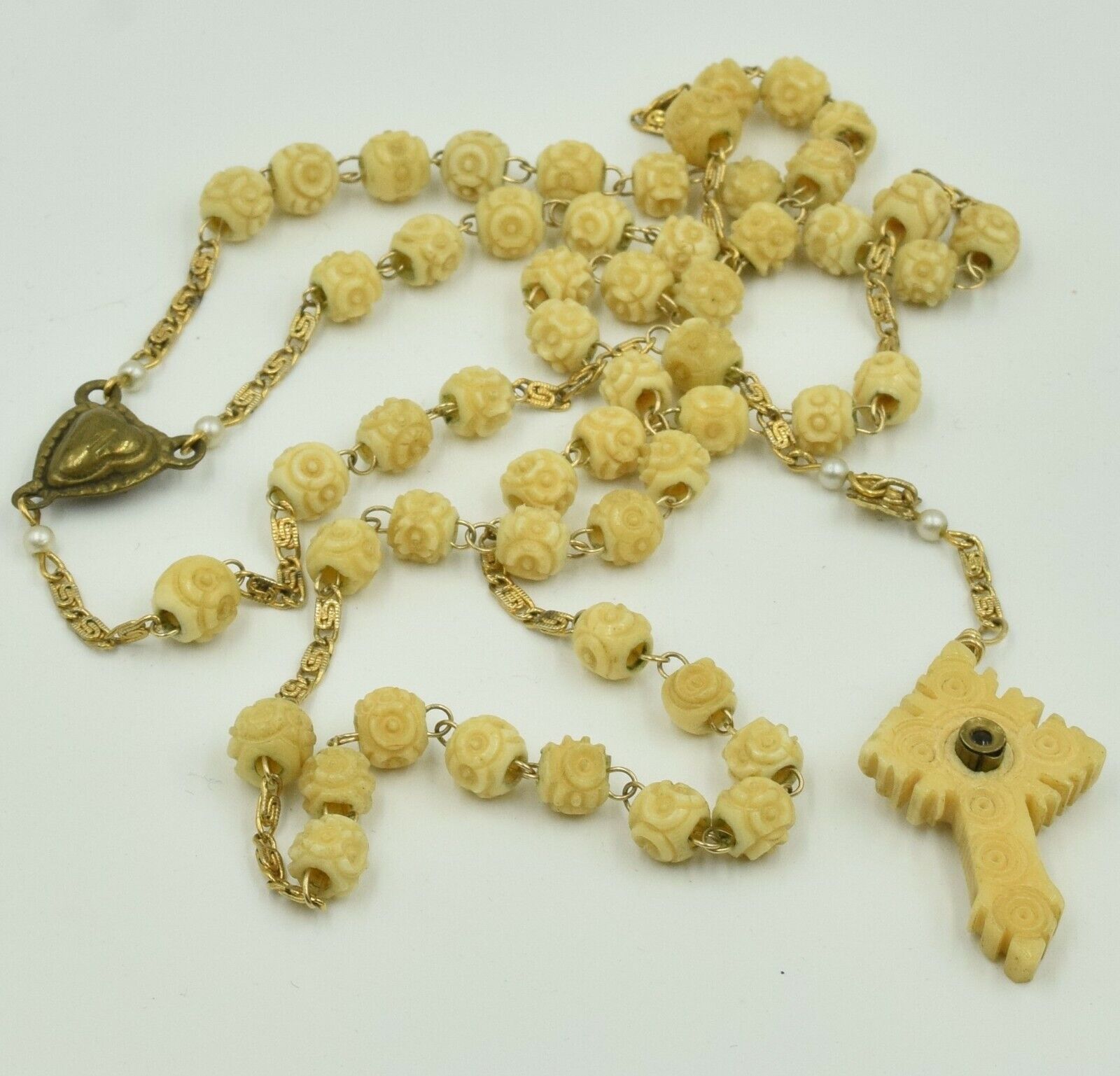 Antique Carved  Rosary Beads w/ Stanhope Apparition of Mary