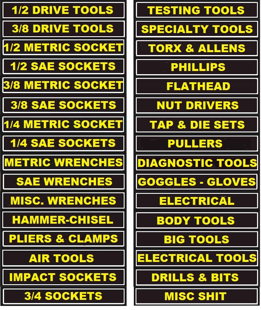 125A -Mechanics Magnetic Tool Box Labels. Best Deal Top Quality EASY TO READ 