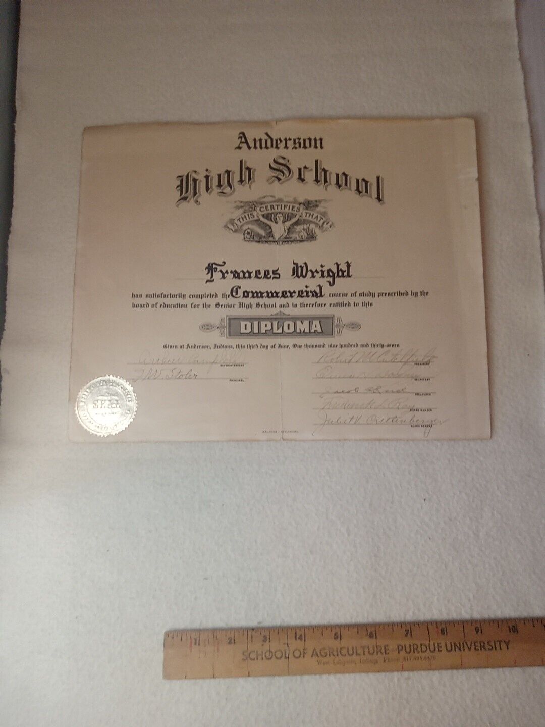 Vintage 1937 ANDERSON IN High School Diploma In Good Condition Collectible