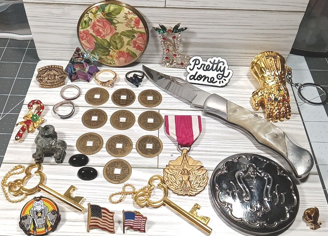 Junk Drawer Lot  Collectible Oddities Jewelry Pins Old Coins Crystals Compact 