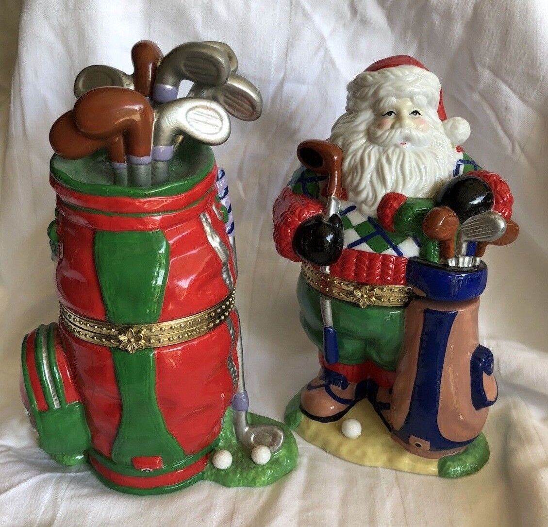 Porcelain Golf Santa & Bag Set of 2 Trinket Opens Figurines Decor Gift Christmas