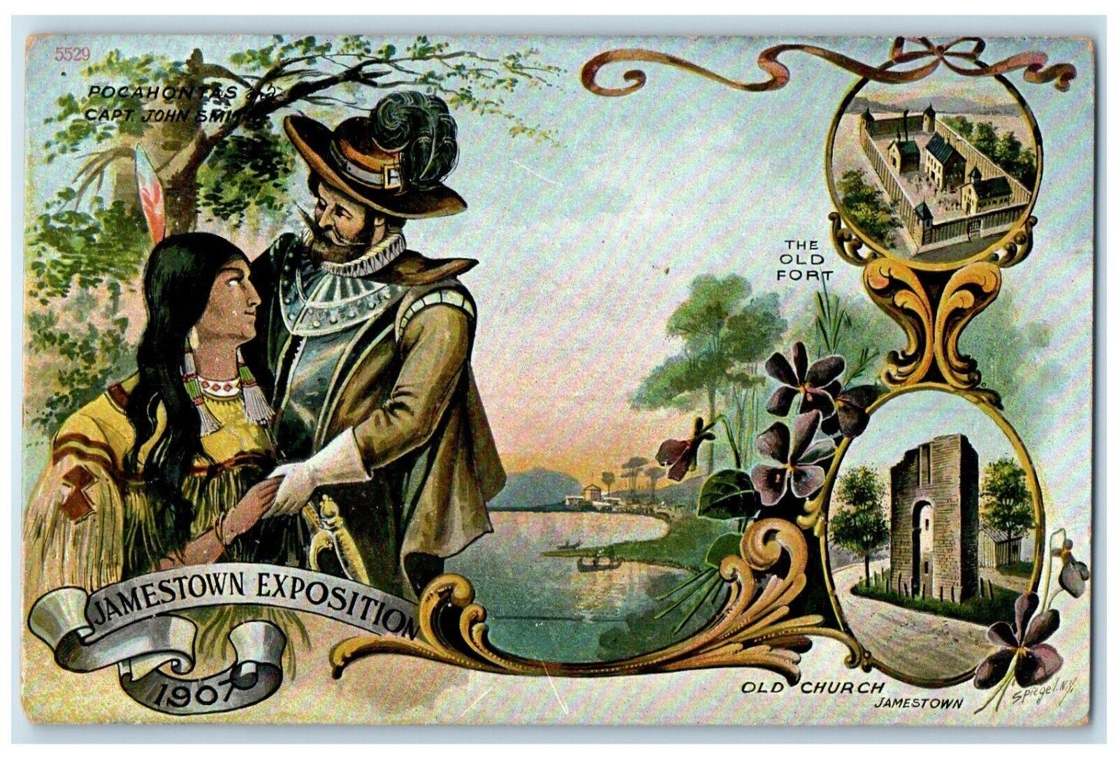 1908 Old Church Jamestown Exposition Pocahontas & Capt. John Smith Postcard