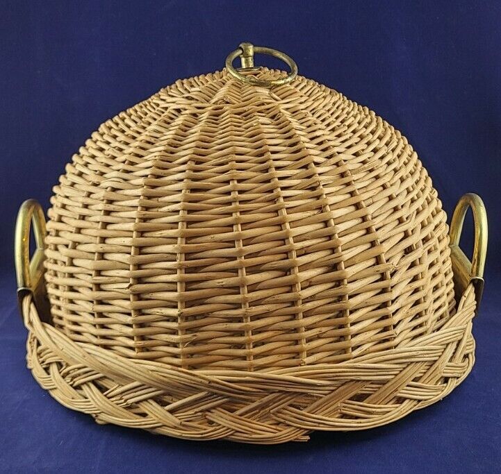 Vintage Natural Large Wicker Brass Handles Cheese Bell Centerpiece 