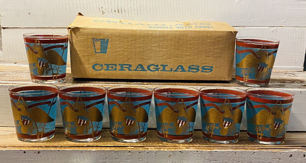 NOS Set of 8 In Box Vintage Cera Glassware Old Fashion Glasses Regimental Drums
