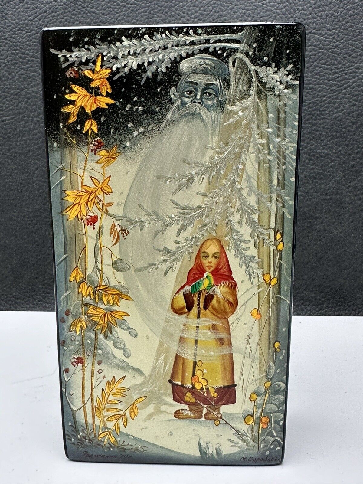 Fedoskino Hand Painted Russian Lacquer Box Girl Winter Forest Signed M Vorobyova