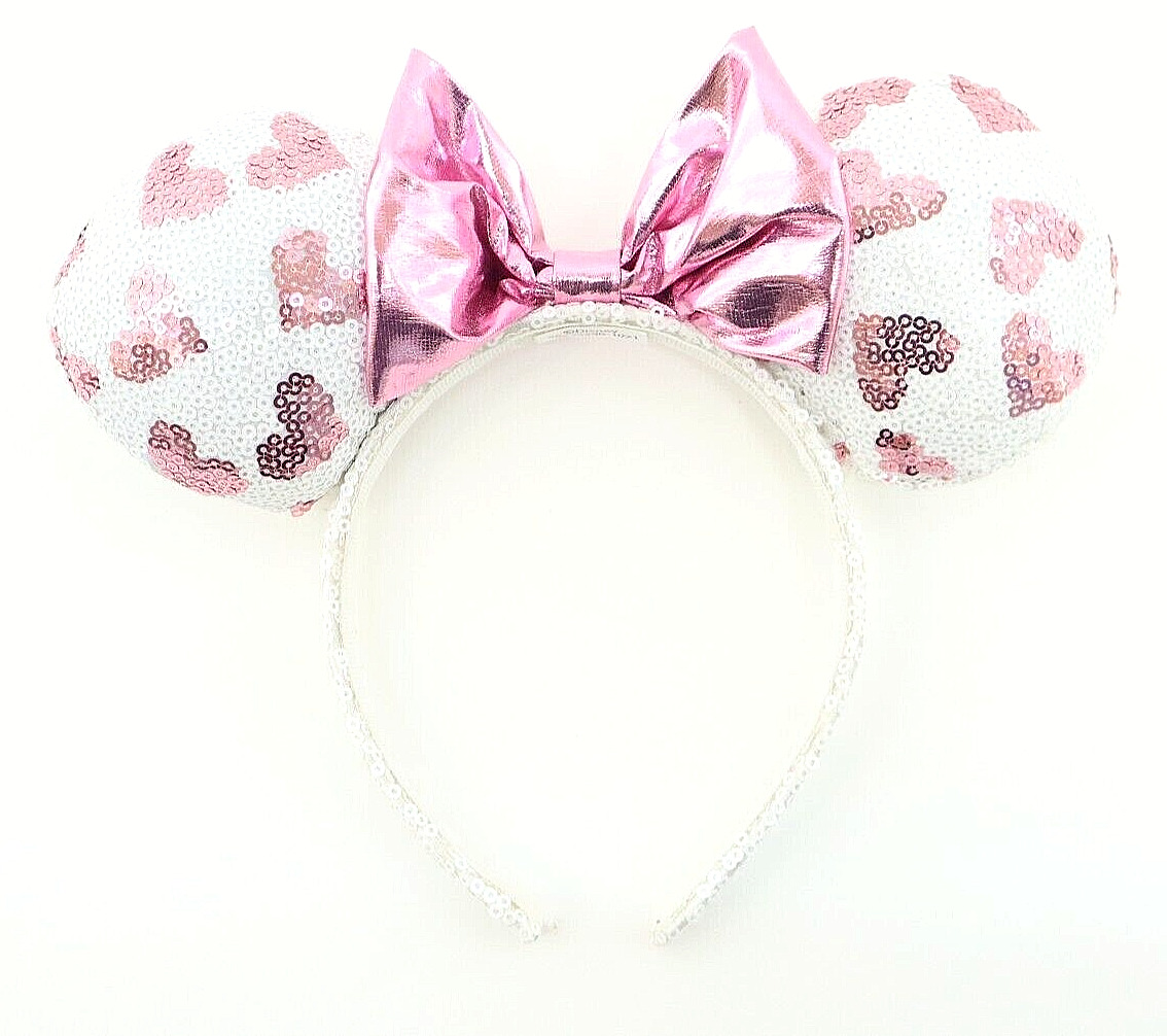 Disney WHITE/PINK Bow Minnie Mouse Sequin Ears Headband NEW 
