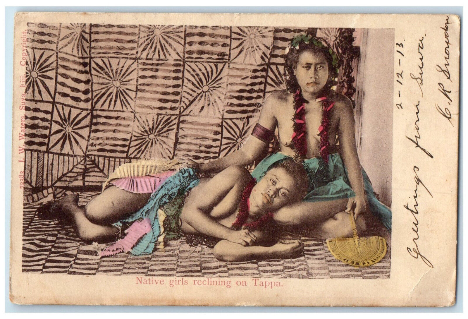 1913 Two Native Girls Reclining on Tappa Java Antique Posted Postcard