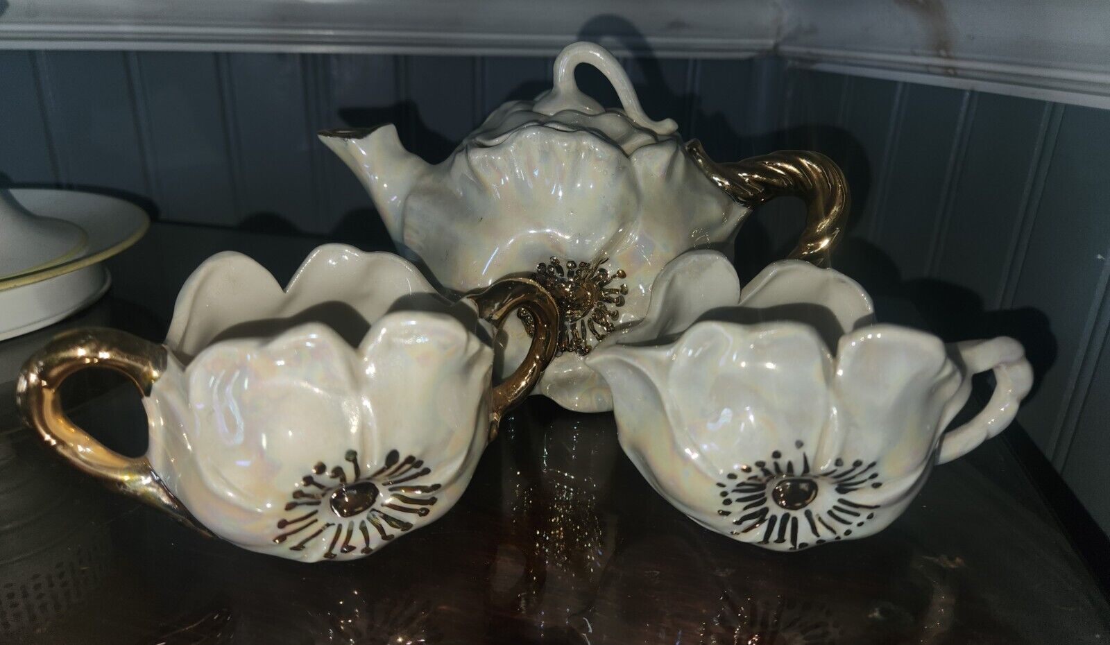 Vintage Demitasse Tea Pot Porcelain Gold Poppy Flower With Sugar/Creamer