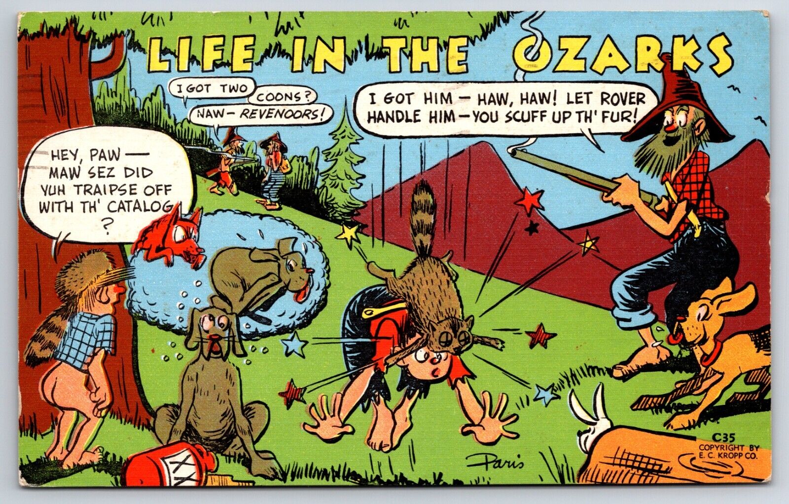 Comic 1950 Life In The Ozarks Humor Funny Dogs E.C. KROPP Postcard