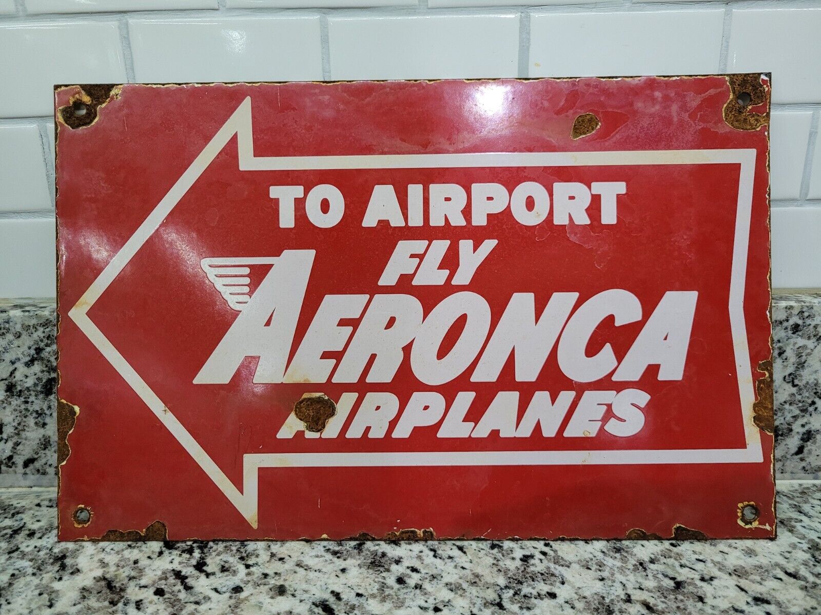 VINTAGE AERONCA PORCELAIN SIGN AVIATION AIRCRAFT PLANE AIRPORT THIS WAY SIGN