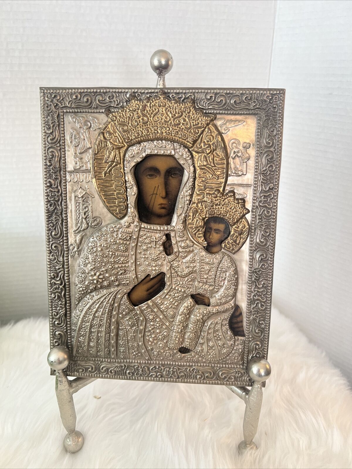 Ornate RUSSIAN GOLD & SILVER Plated Gilded Lady Of Czestochowa Black Madonna