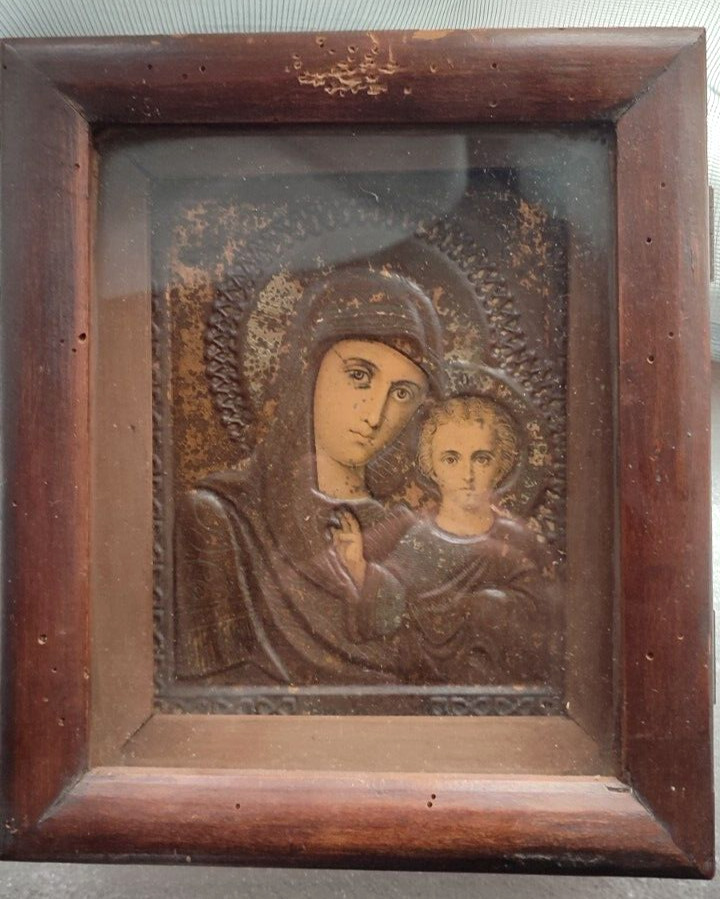 Icon of the Kazan Mother of God Orthodoxy Antiques wood, metal in a wooden box