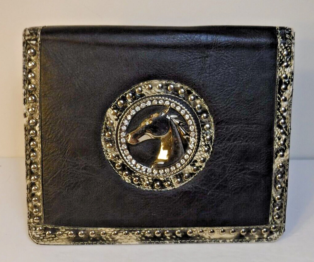 Vintage Black Leatherlike Snakeskin Organizer Portfolio w/ Metal Horse Medallion