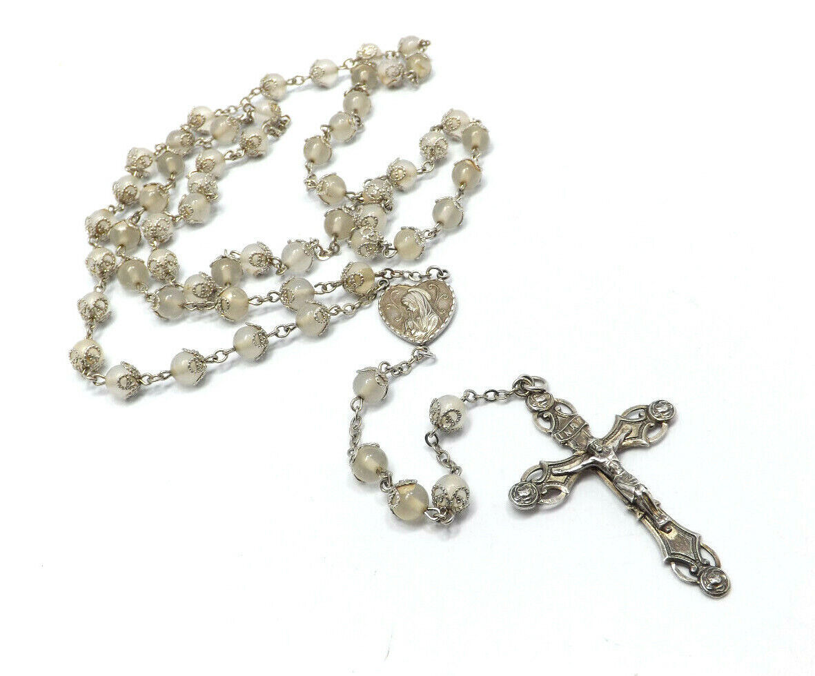 Vintage Sterling Silver Milky White Bead Rosary Necklace, 54.5g