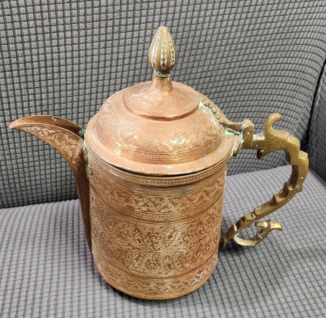 Vintage Heavy Copper Pitcher With Brass Handle Creamer with Lid ~11\