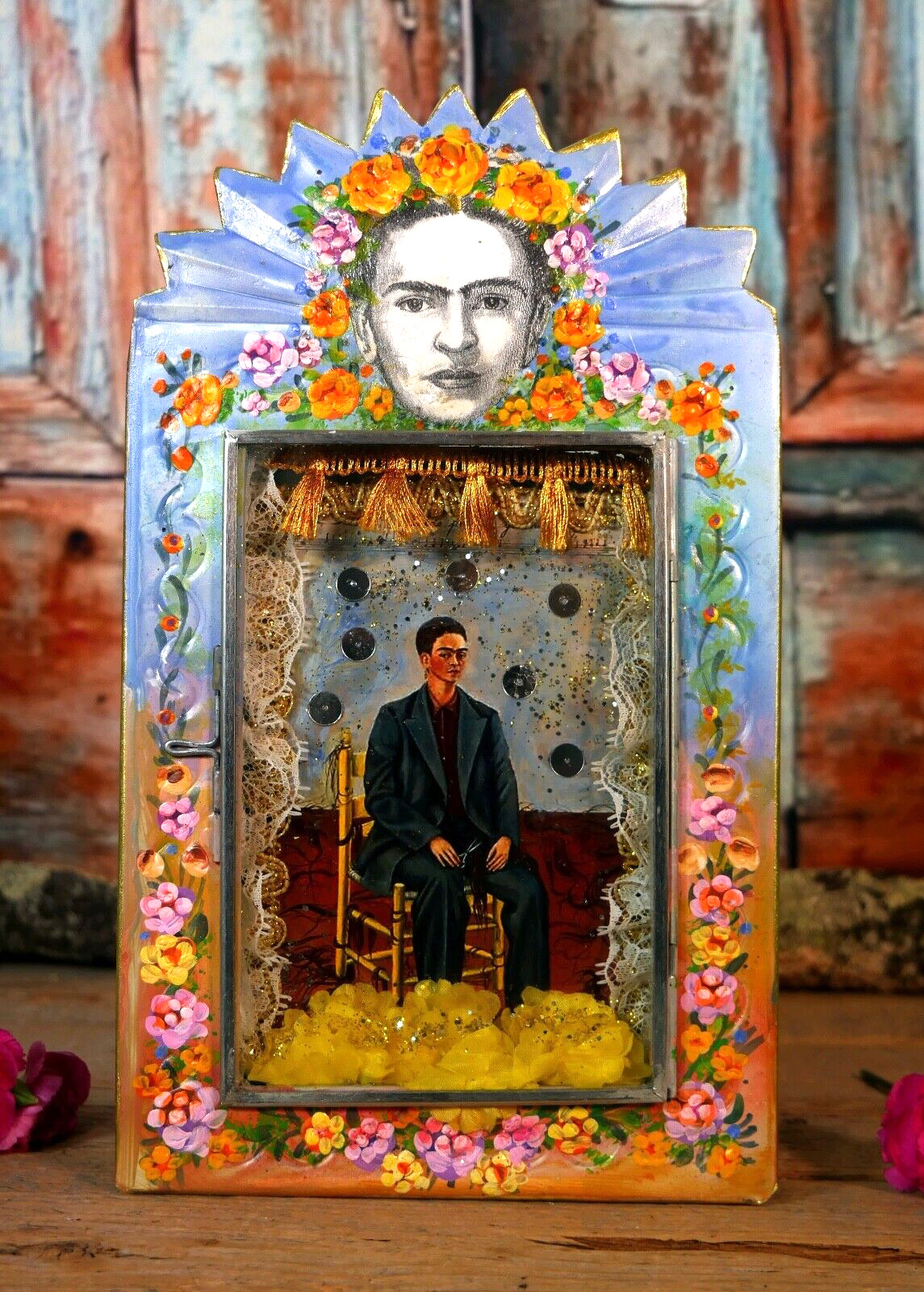 Tin Retablo Frida Kahlo Handmade Hand Painted Glass Door Opens Mexican Folk Art