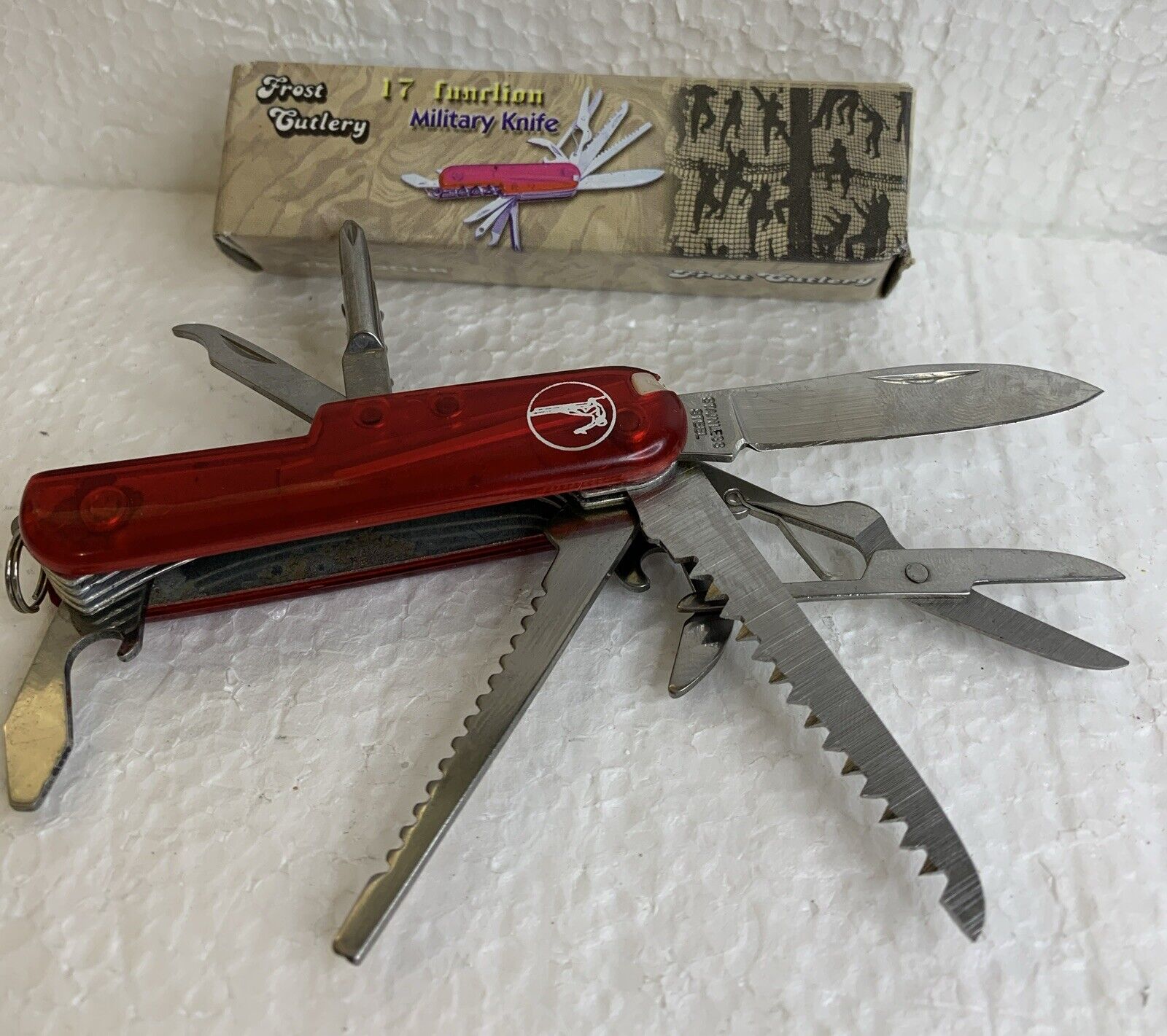 Frost Cutlery 17 Function Military Pocket Knife In Red Multi Tool