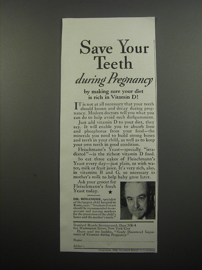 1933 Fleischmann's Yeast Ad - Save your teeth during pregnancy