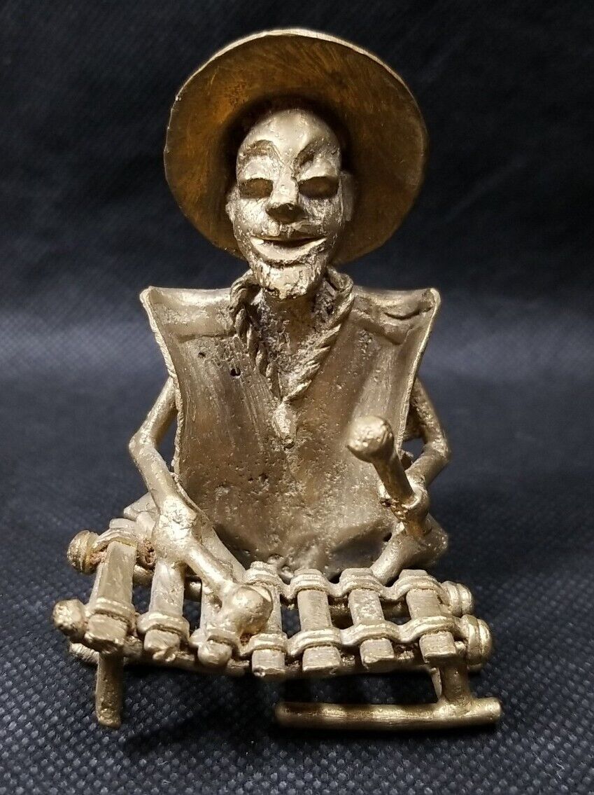 AFRICAN Brass Bronze Lost Wax Tribal Xylophone Musician Seated Sculpture Small