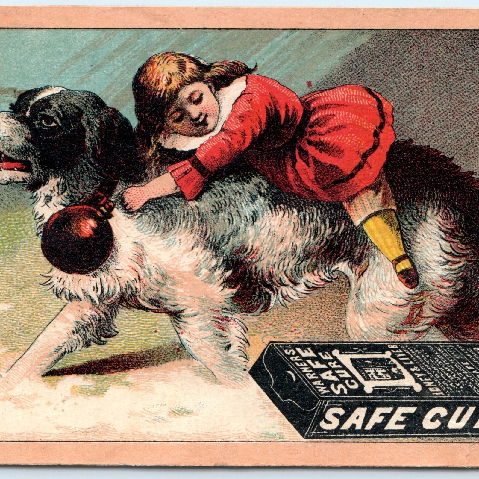 c1880s Warner\'s Safe Cure Quack Medicine Trade Card Girl Ride Dog Drug Box C48