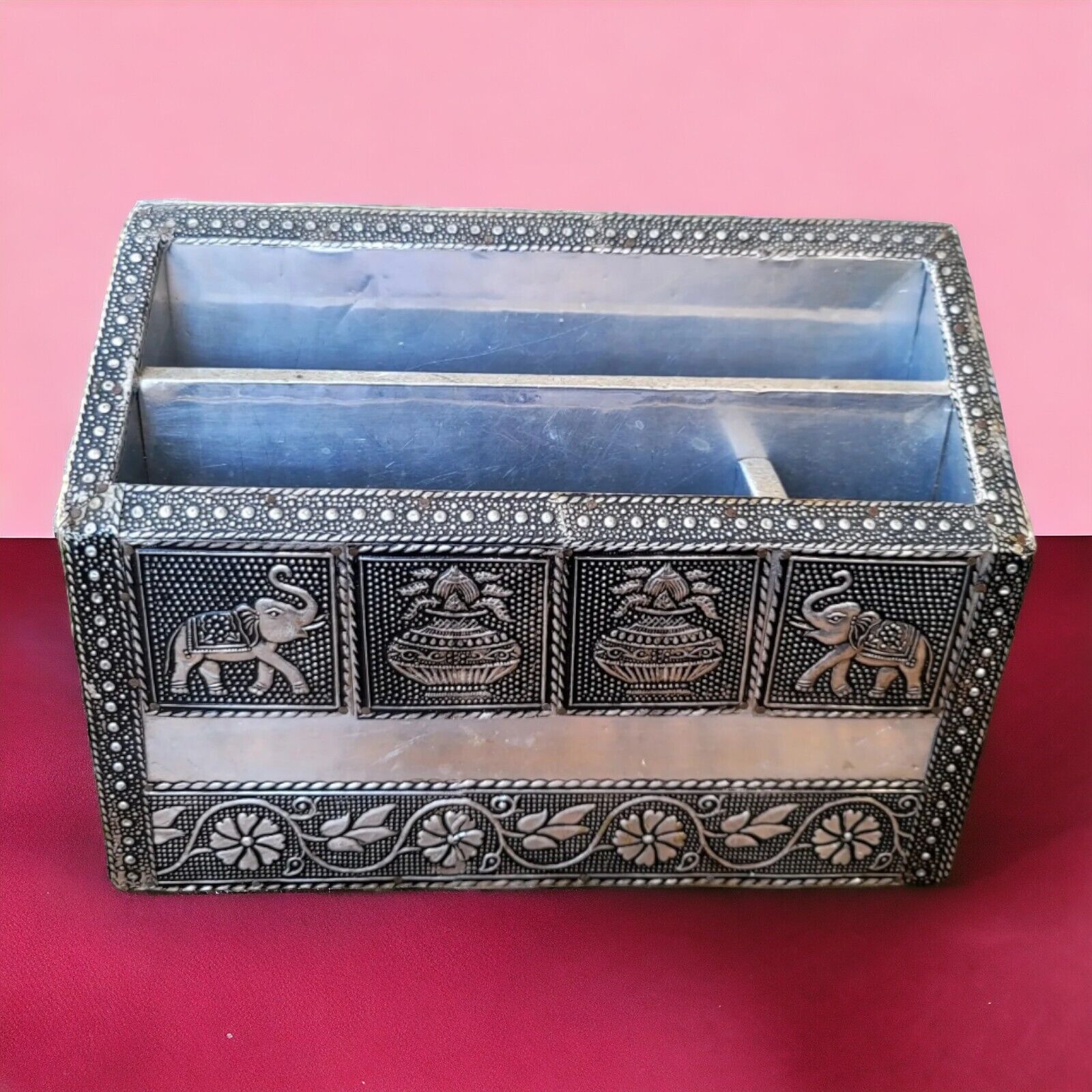 Vtg Aloy Silver Letter Organizer 3 Compartment Elephant Trunk Up Handcrafted 