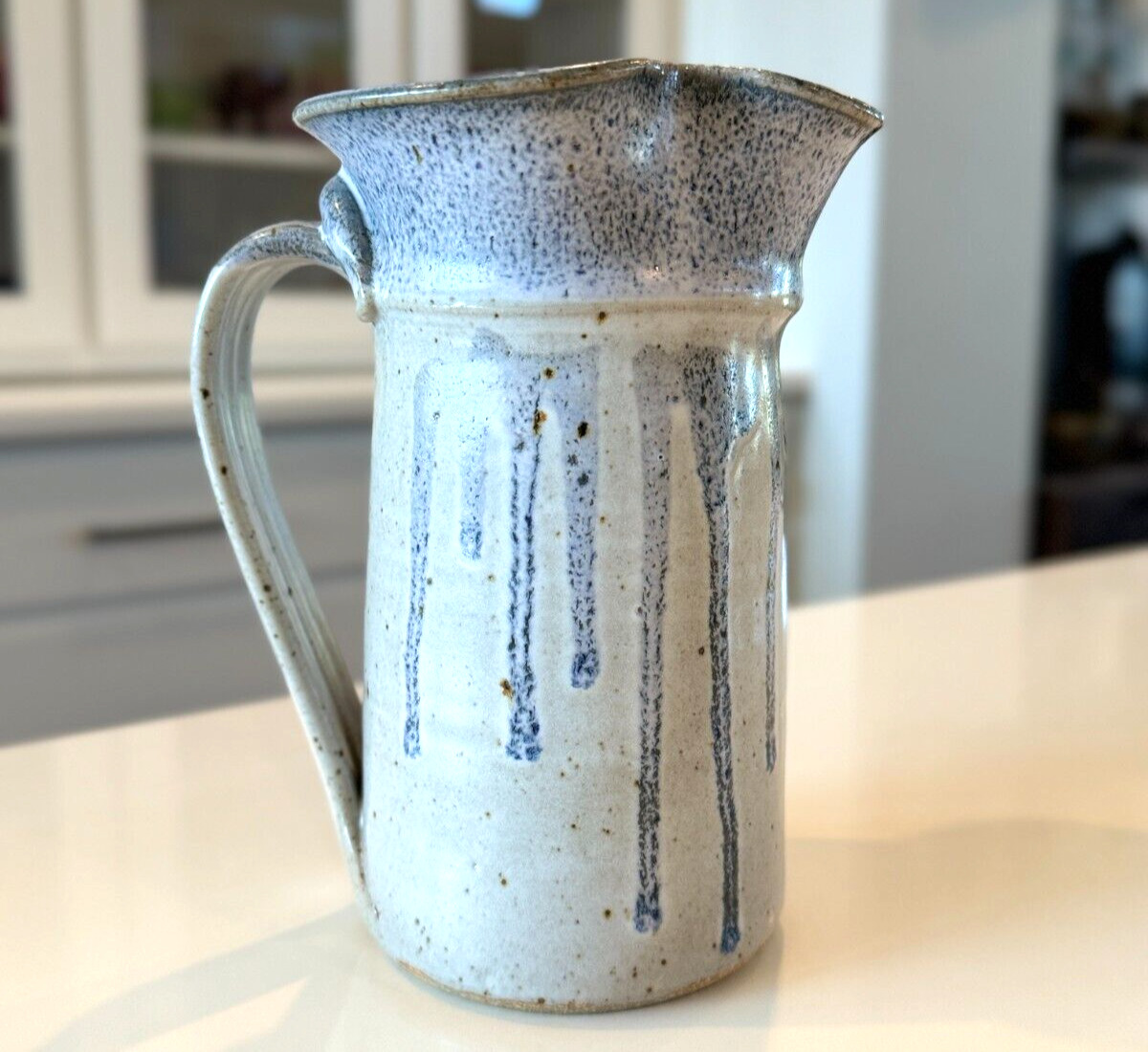 Vintage Handmade Stoneware Cream & Blue Drip Glaze Studio Art Pottery Pitcher