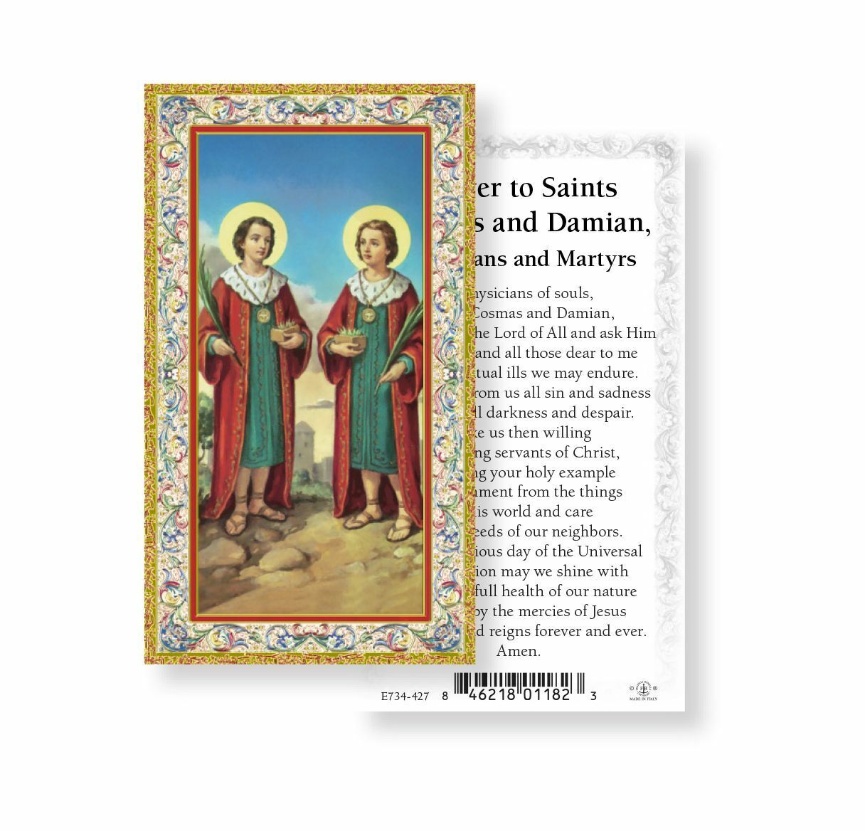 Saints Sts, Cosmas and Damian with Prayer  - gold trim - Paperstock Holy Card