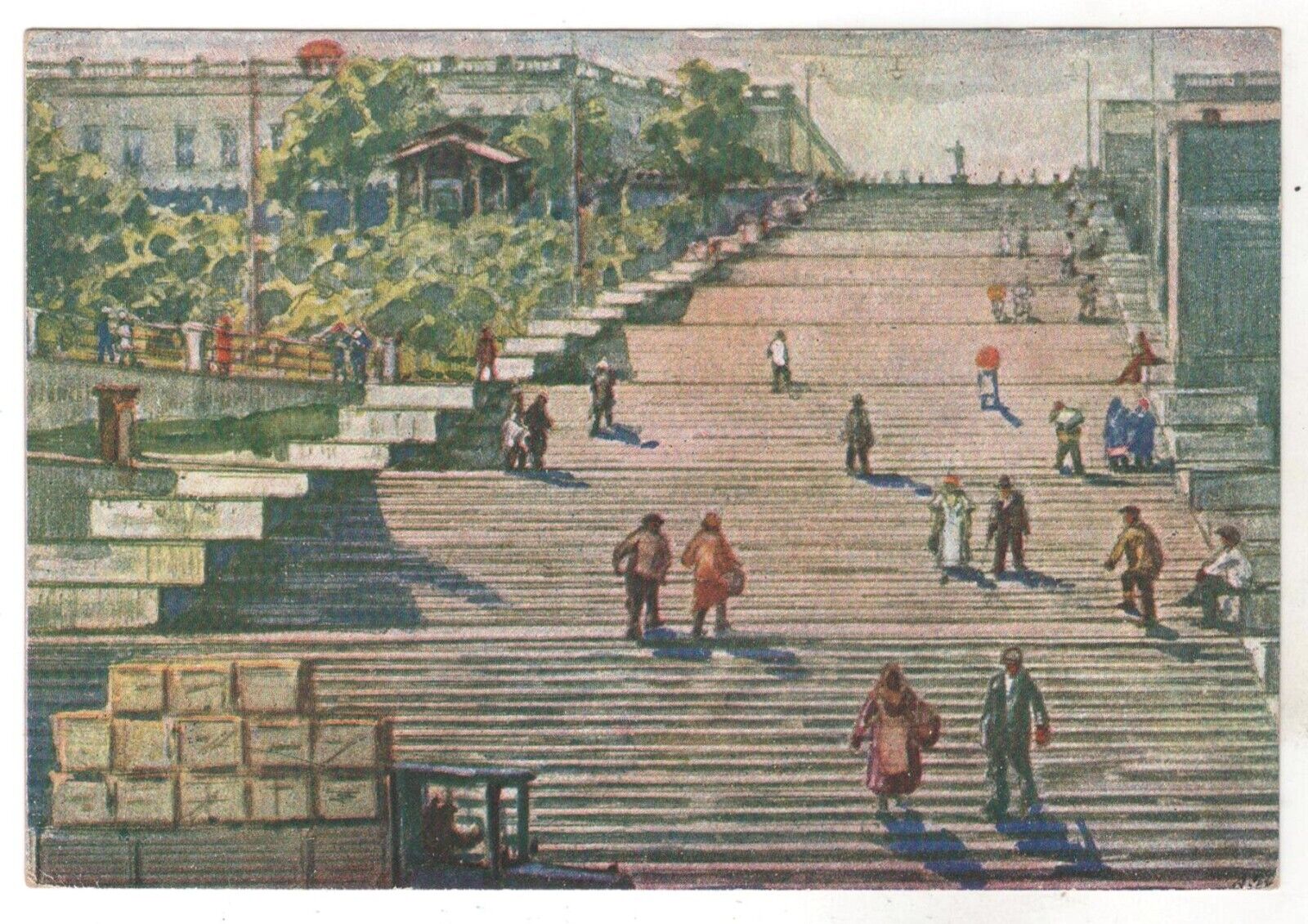 1935 VIEW ODESSA Potemkin Stairs ART SHOVKUNENKO Antique Ukraine postcard OLD