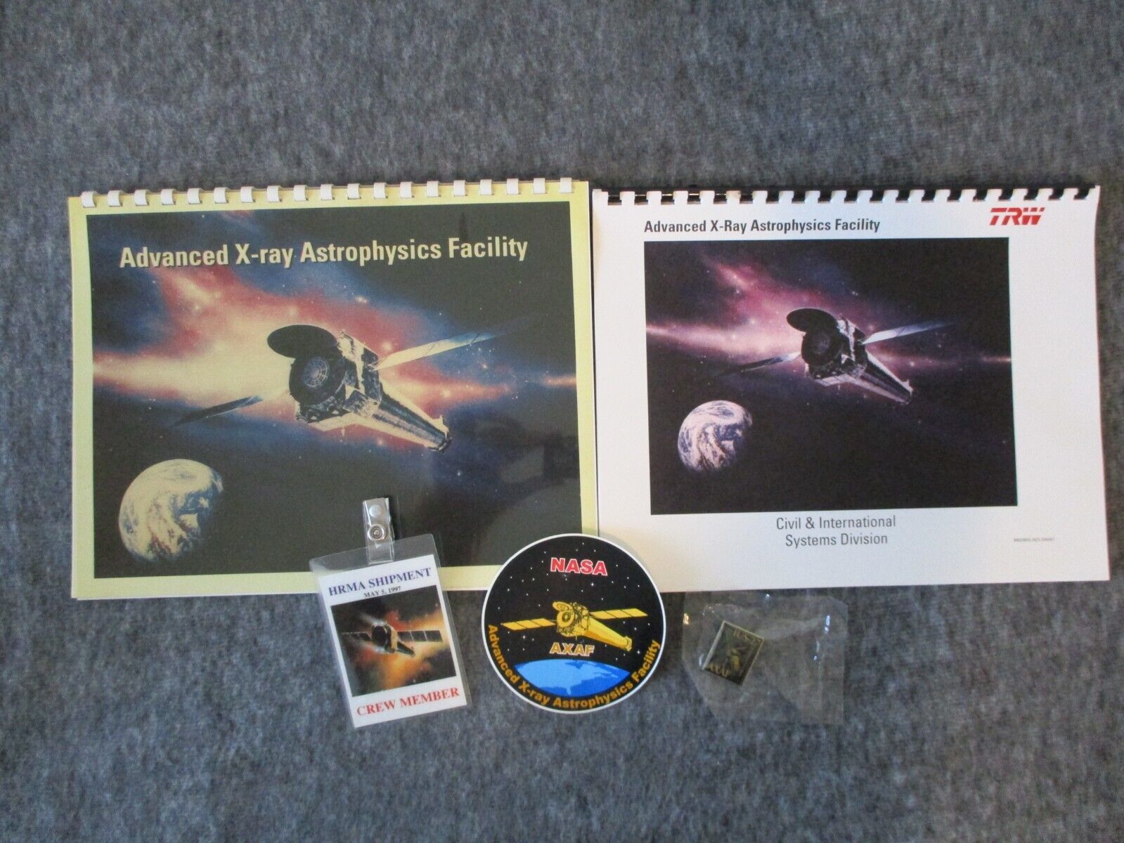 1994-1997 NASA MSFC TRW AXAF PRESENTATIONS & CREW MEMBER BADGE + DECAL + PIN