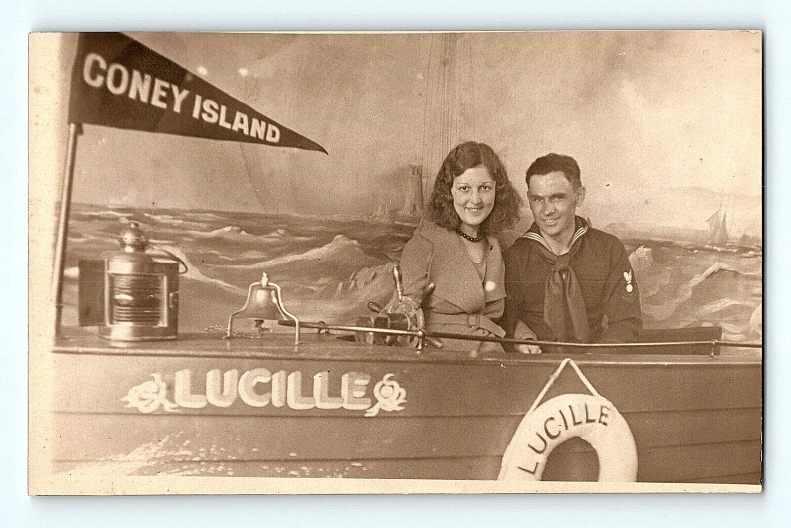 RPPC Lucille Coney Island Girl w/ Sailor Date Night Vintage Prop Postcard D3