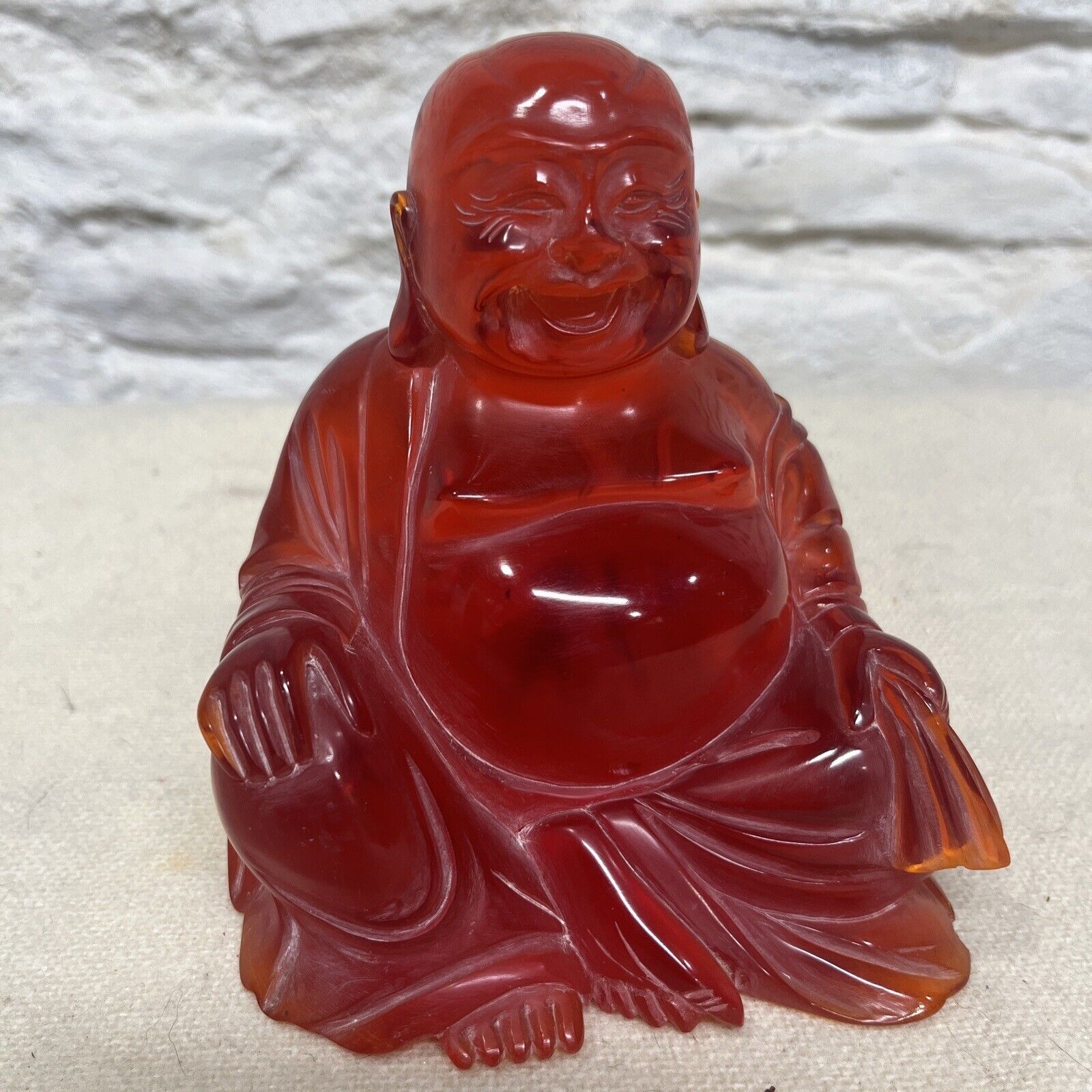 RARE Vintage 60s 70s Red Resin Translucent Happy Sitting Buddha No Stand